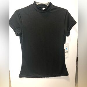 Just Be, ladies black mock collar, short sleeve blouse. Small. NWT.